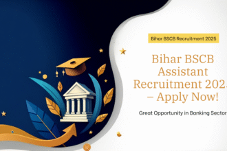 "Design a bold and professional thumbnail for 'Bihar BSCB Assistant Recruitment 2025'. Highlight the text: 'Great Opportunity to Build a Career in Banking Sector in Bihar – Apply Now!'. Use colors like deep blue and gold to represent trust and success. Add icons of a bank building, graduation cap, and upward arrow. Include a call-to-action button saying 'Apply Today'. Make it eye-catching for job aspirants."